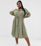 Asos Design Curve Button Through Midi Shirt Dress With Ruched Waist - Green