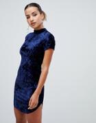 Ax Paris High Neck Short Sleeve Velvet Dress - Blue