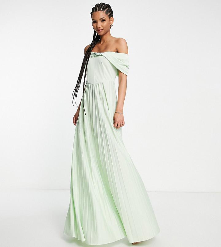 Asos Design Tall Polyester Twist Front Off The Shoulder Pleated Maxi Dress In Sage - Lgreen