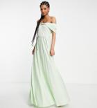 Asos Design Tall Polyester Twist Front Off The Shoulder Pleated Maxi Dress In Sage - Lgreen