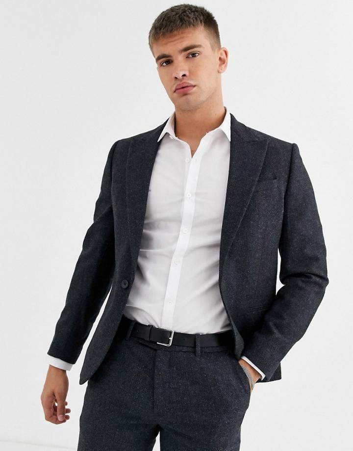 River Island Skinny Suit Jacket In Herringbone-navy