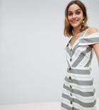 River Island Button Front Stripe Bardot Sun Dress - Green