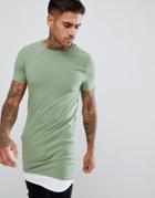 Asos Design Super Longline Muscle T-shirt With Contrast Hem Extender In Green - Green