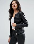 Jasmine Faux Leather Caged Biker Jacket - Black