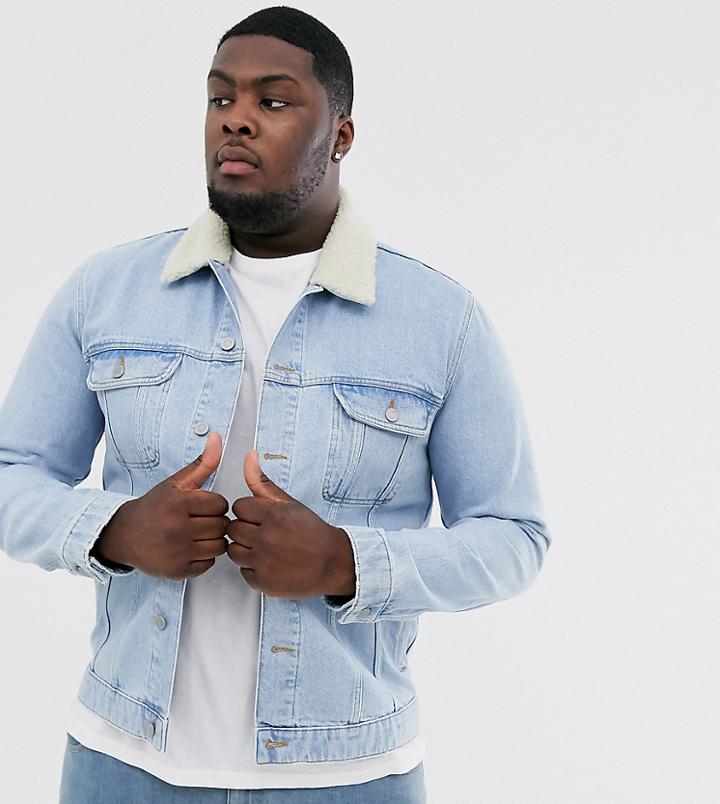 Asos Design Plus Denim Jacket With Detachable Fleece Collar In Light Wash-blue