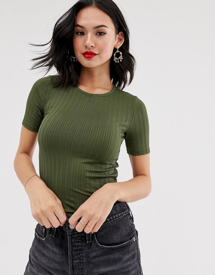 Miss Selfridge Short Sleeved Rib T-shirt In Khaki - Green