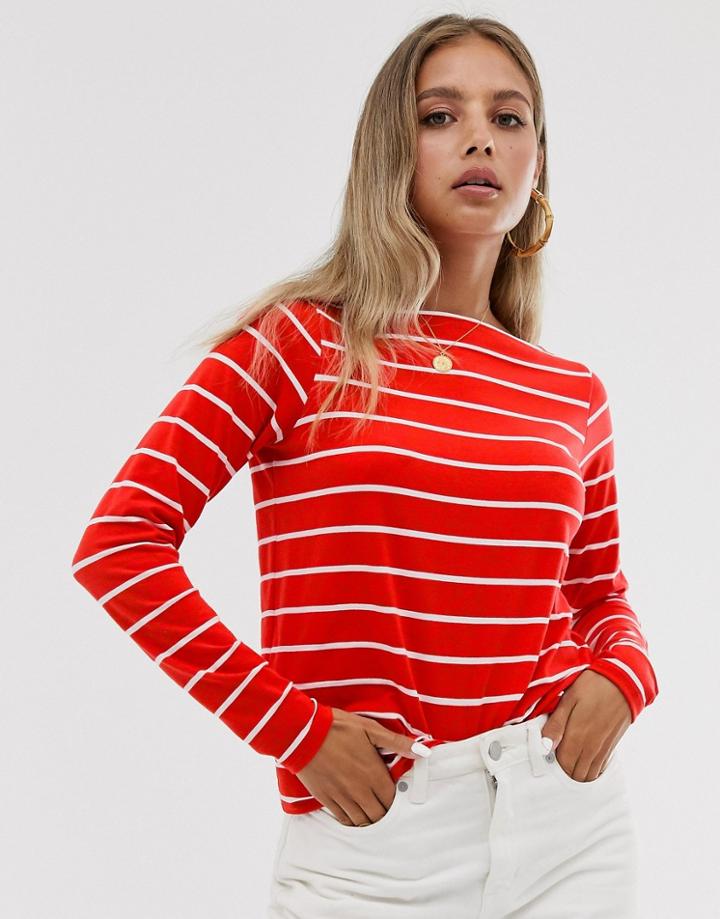 Asos Design Slash Neck Long Sleeve Top In Stripe - Multi