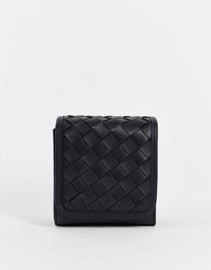 Asos Design Cross Body Box Bag In Black Faux Leather With Weave Design
