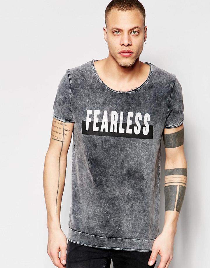 Asos Longline T-shirt With Scoop Neck And Skull Print In Heavy Acid Wash - Black