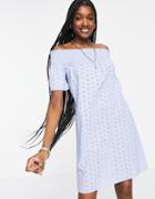 Only Broderie Off The Shoulder Mini Dress In Blue-blues