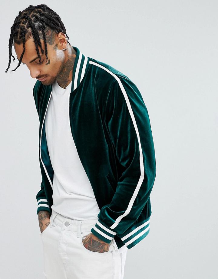 Asos Velvet Bomber Jacket With Sleeve Stripe In Green - Green