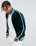 Asos Velvet Bomber Jacket With Sleeve Stripe In Green - Green