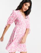 New Look V Front Mini Tea Dress In Pink Floral