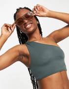 Weekday Porto Recycled Asymmetric One Shoulder Bikini Top In Dark Khaki Green
