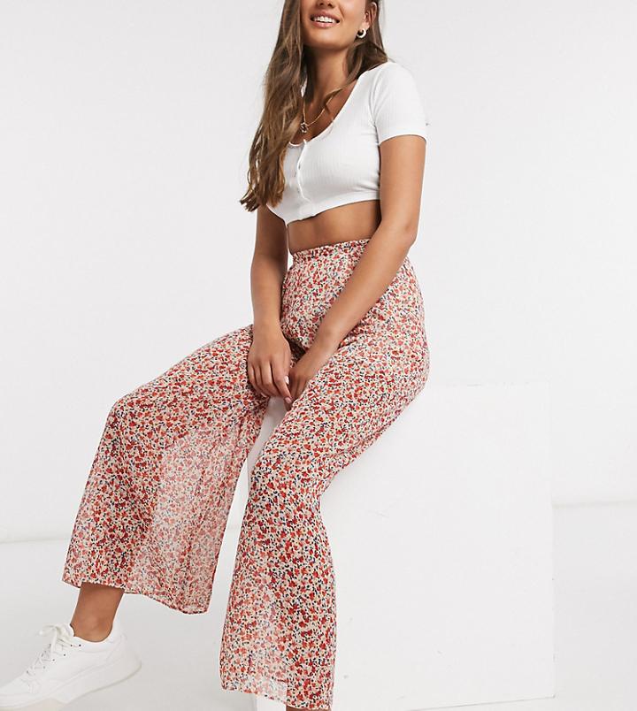 New Look Petite Chiffon Wide Leg Pants In Floral-black