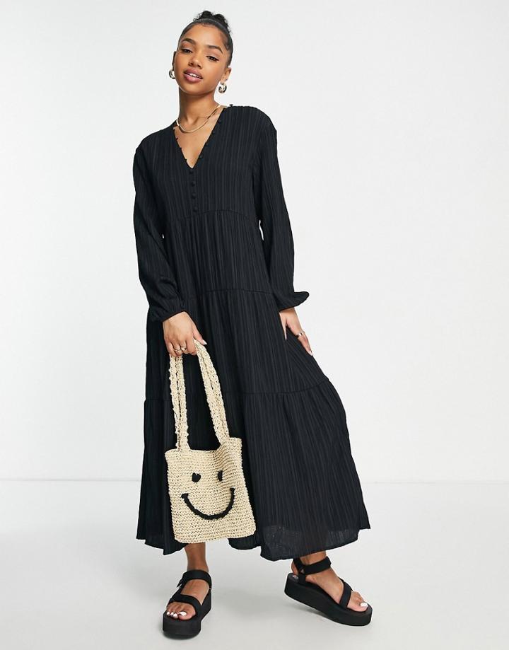 Lola May Button Front Tiered Maxi Dress In Black