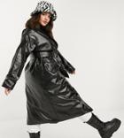 Daisy Street Plus Longline Coat With Faux Fur Trim In Vinyl-black