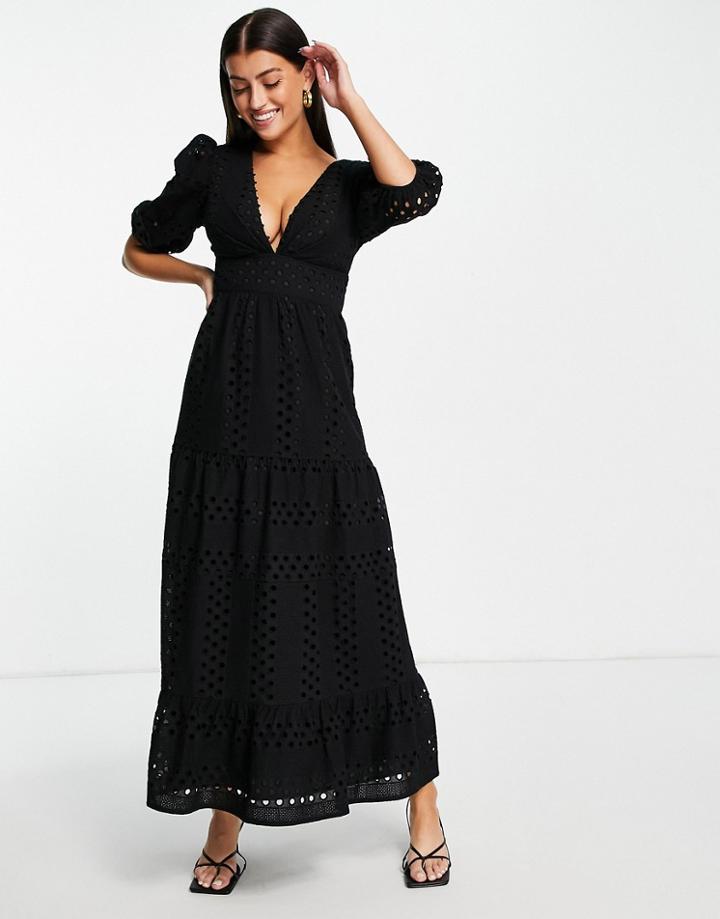 Asos Design Premium Plunge Eyelet Tiered Midi Dress With Button Neck In Black