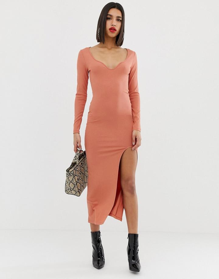 Asos Design Rib Maxi Dress With Sweetheart Neck And Split - Orange