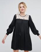 Traffic People Smock Dress With Floral Embroidered Panel - Black