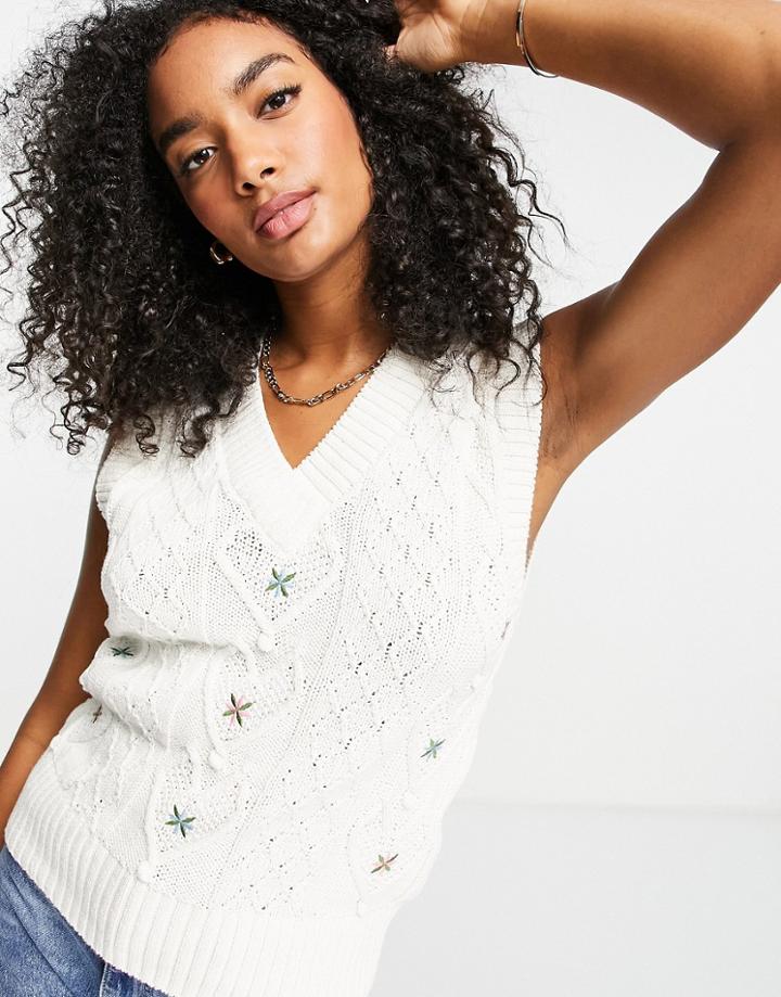 River Island Embroidered Cable Knit Tabbard Vest In Cream-white