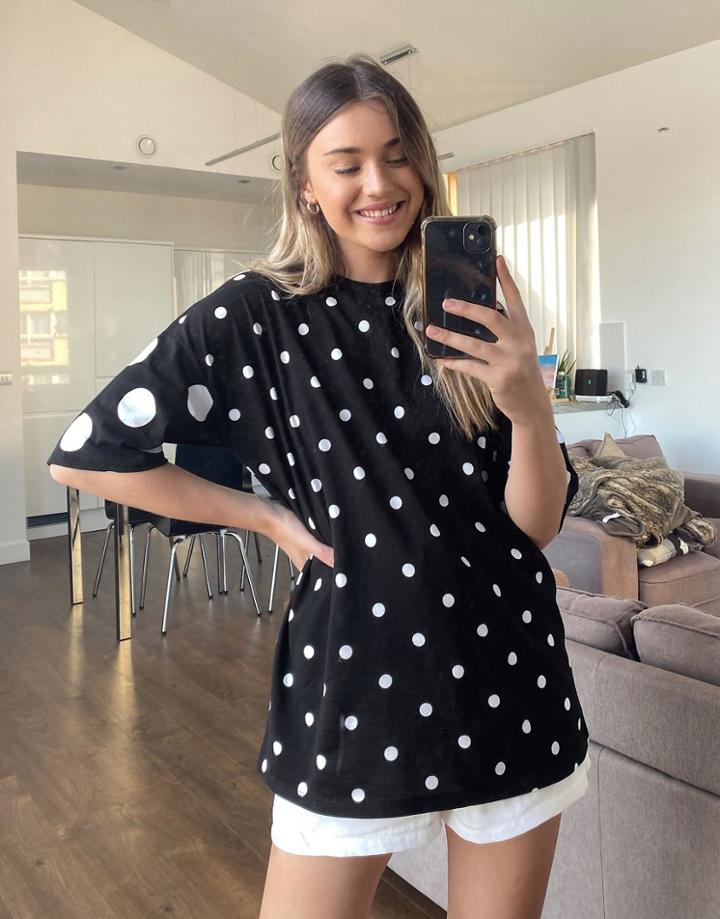 Asos Design Oversized T-shirt In Black Mono Polka Dot