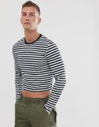 Asos Design Long Sleeve Stripe Cropped T-shirt-navy