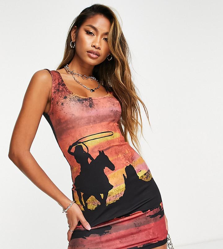 Reclaimed Vintage Inspired Rodeo Scenic Print Vest Dress In Red-multi