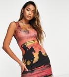 Reclaimed Vintage Inspired Rodeo Scenic Print Vest Dress In Red-multi