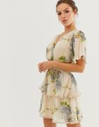Asos Design Mini Dress With Smocking Detail And Double Layer Skirt In Vintage Floral Print-multi