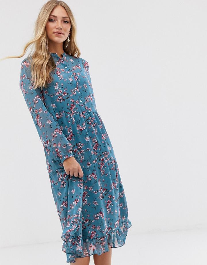 Vila Floral Tiered Midi Dress-multi