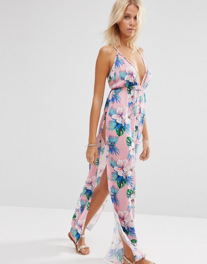 As0s Pastel Hawaian Tropical Lattice V Neck Maxi Beach Dress - Pastel Hawaian Tropi