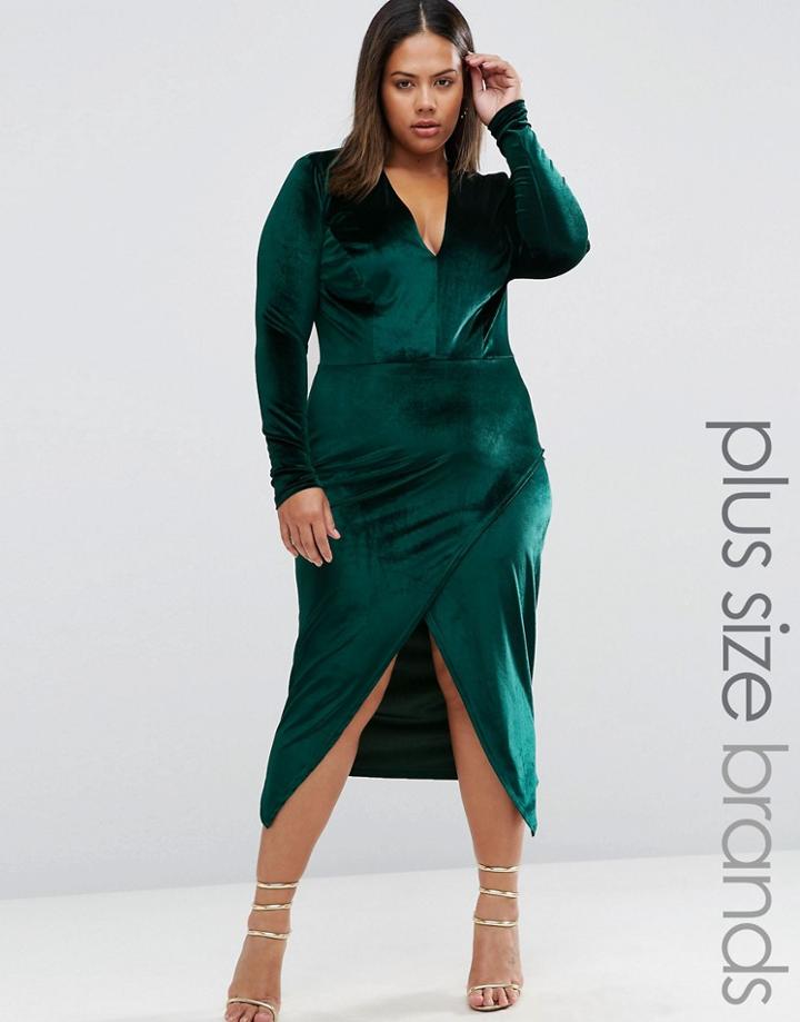 Club L Plus Velvet Dress With Asymmetric Hem - Green