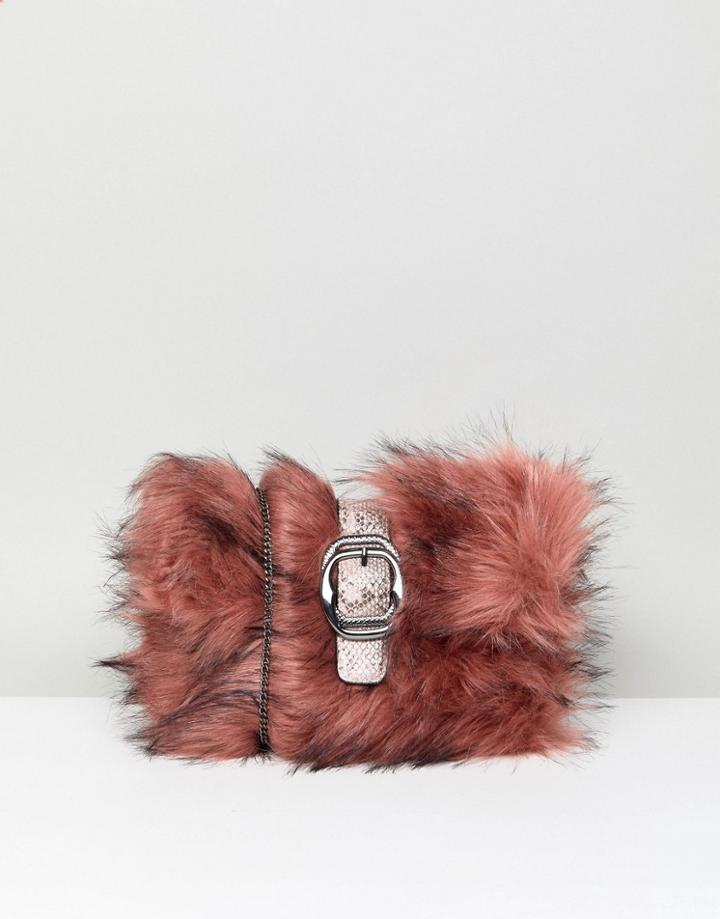New Look Fur Buckle Clutch - Pink