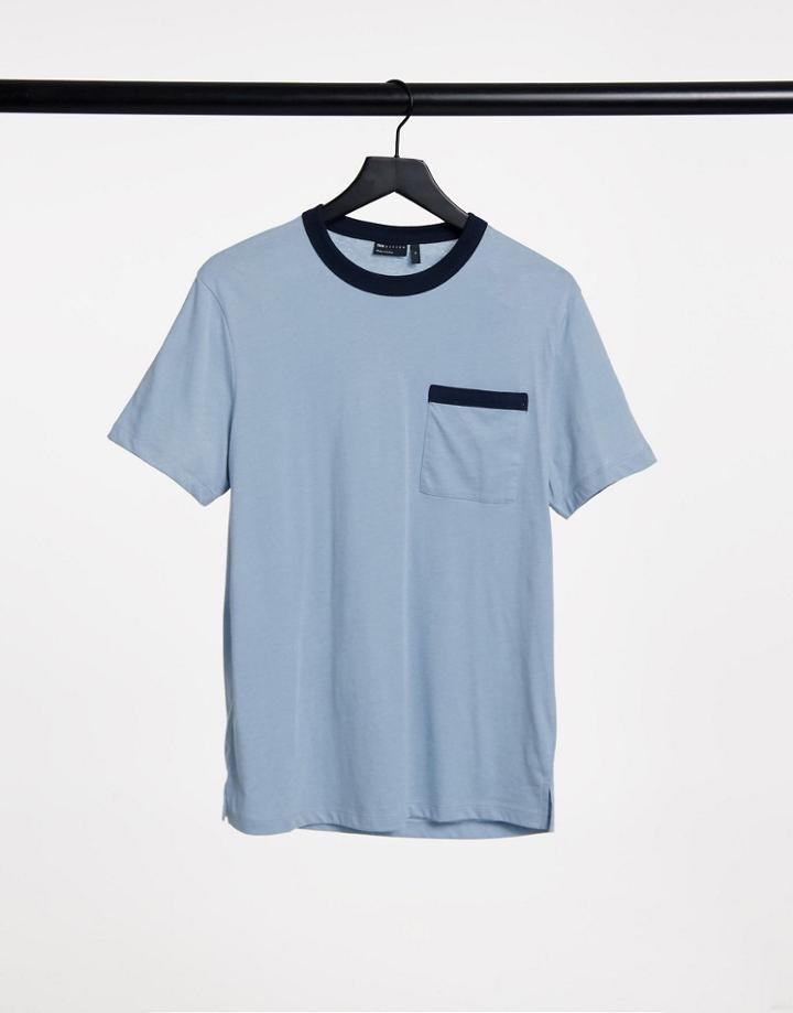 Asos Design Light Blue Marl T-shirt With Contrast Ringer In Navy-multi