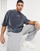 Asos Design Relaxed Corduroy T-shirt With Front Text Embroidery In Gray-grey