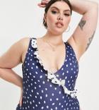 Asos Design Curve Frill Plunge Swimsuit In Navy Polka Dot Spot-multi