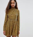 Fashion Union Petite High Neck Neck Skater Dress In Leopard Print - Yellow