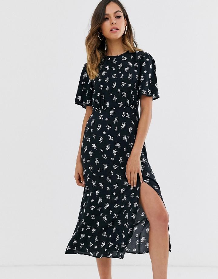 New Look Ditsy Floral Split Midi Dress In Black - Black