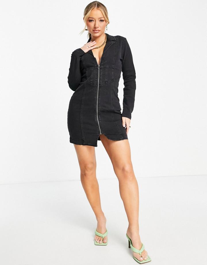 Missguided Plunge Half Zip Denim Dress In Black