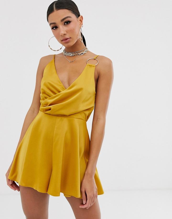 Asos Design Cowl Back Romper With Ring Detail-yellow