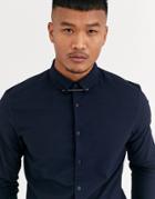 Asos Design Skinny Fit Textured Shirt With Collar Bar In Navy