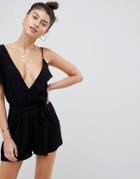 Asos Design Romper With One Shoulder Detail In Crinkle With Lace Trim - Black