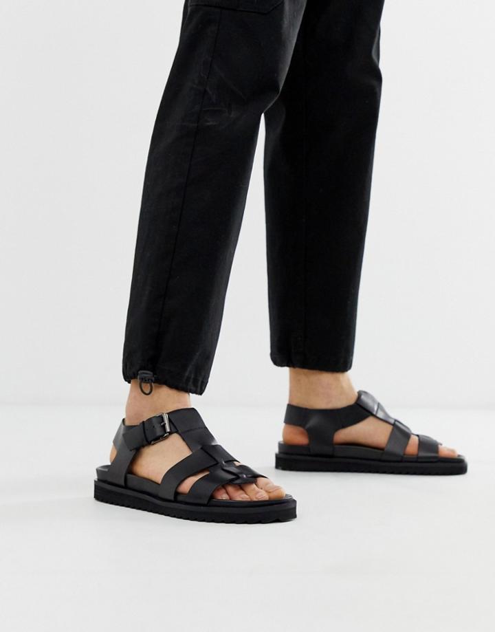 Asos Design Sandals In Black Leather With Chunky Sole - Black
