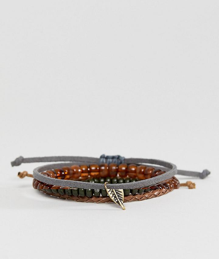 Asos Beaded Bracelet Pack In Faux Suede With Feather - Brown