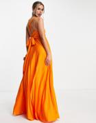 Asos Design Plunge Halter Cross Back Self Tie Pleated Maxi Dress In Orange