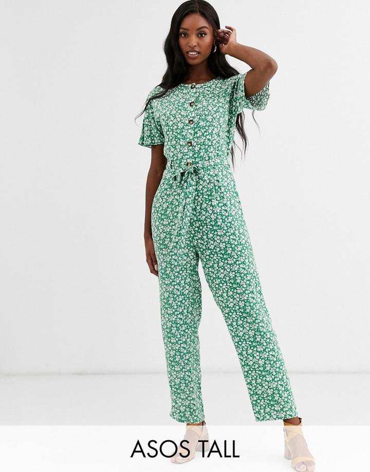 Asos Design Tall Button Front Jumpsuit With Tie Waist In Ditsy Floral Print-multi