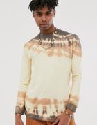 Asos Design Relaxed Longline Long Sleeve Heavyweight T-shirt With Tie Dye Wash In Beige - Multi