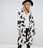 Religion Longline Coat In Cow Print Faux Fur - Multi