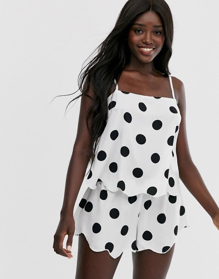 Asos Design Polka Dot Scalloped Hem Cami & Short Set-white
